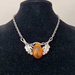 Vintage Necklace With Baltic Amber And Silver Finish 