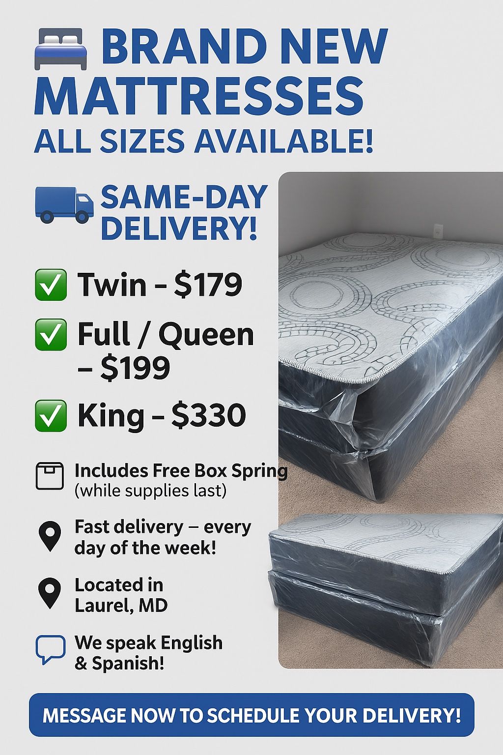 Queen Mattress Come With Free Box Spring - Same Day Delivery