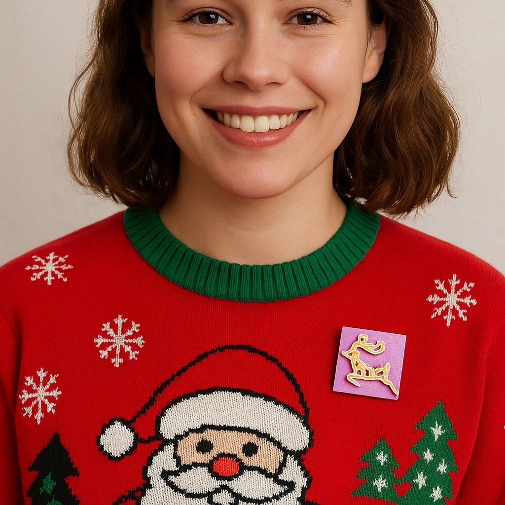 Vintage 1990s Handmade Glitter Reindeer Pin Purple Square, 1.25”