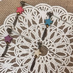 4 Steel Colored Star Turquoise w/ Bronze & Gold Dangle Hijab Pins - Pink, Blue, White & Purple