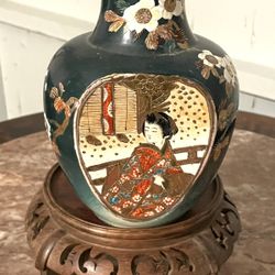 Vintage Japanese Hand Painted Bone China Vase And Wooden Stand 