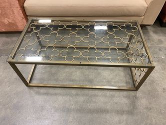 Gold Tone Quatrefoil Open Frame Coffee Table with Glass Top