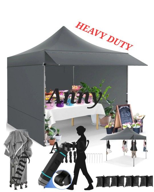 10x10 Pop Up Canopy Heavy Duty Party Tent with Removable Awning,Sidewalls,Sandbags and Rolling bag.Easy Up Outdoor Wedding Commercial Canopy,Gazebo