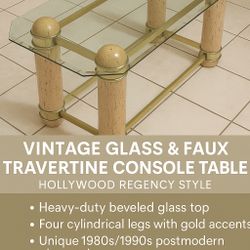 Vintage Glass & Faux Travertine Console Table – Hollywood Regency Style