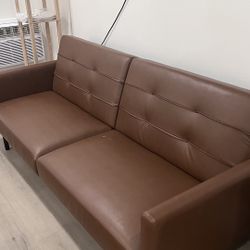 Brown Leather Tufted Futon Sofa