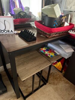 Set 6’ Wood/Black Metal Table/2 matching stools/1 long bench