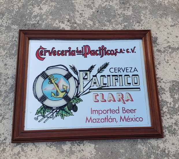 Vintage 1960 Cerveza Pacifico Clara Mirror Sign size 21"x17"