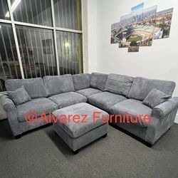 Corduroy sectional sofa with ottoman