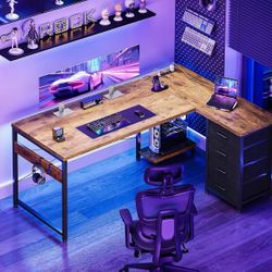 L Shaped Desk with 4 Tier Drawers, 53" Reversible Gaming Desk with Power Outlets, L Shaped Computer Desk with USB Charging Port and Host Sta