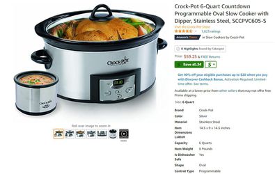 Crock-Pot 6-Quart Countdown Programmable Oval Slow Cooker with Dipper,  Stainless Steel, SCCPVC605-S