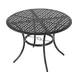 LOKATSE HOME 42.1'' Outdoor Patio Bistro Metal Wrought Iron Round Dining Table with Umbrella Hole - Black