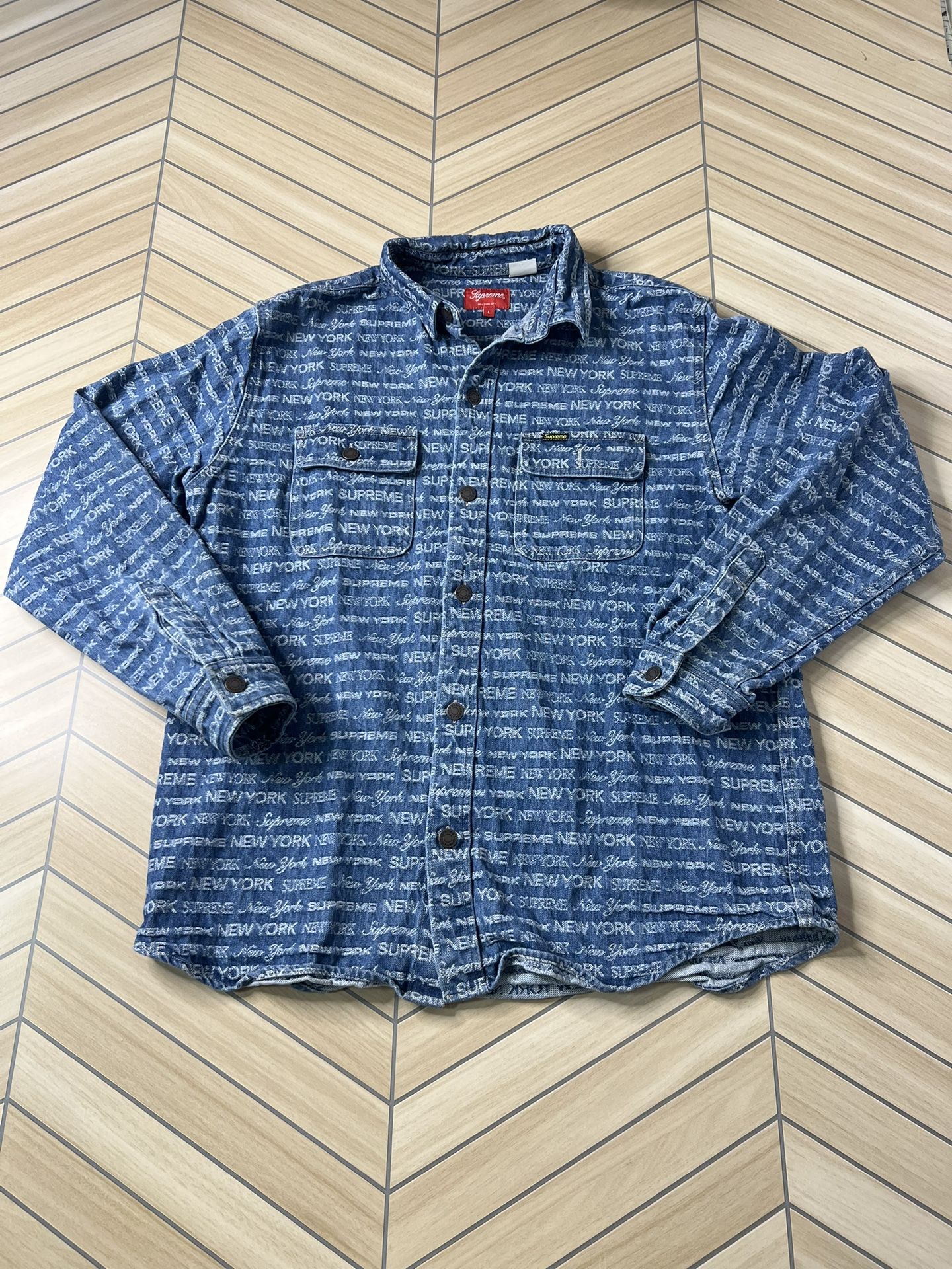Supreme Spell Out Jacquard Denim Button Up Shirt