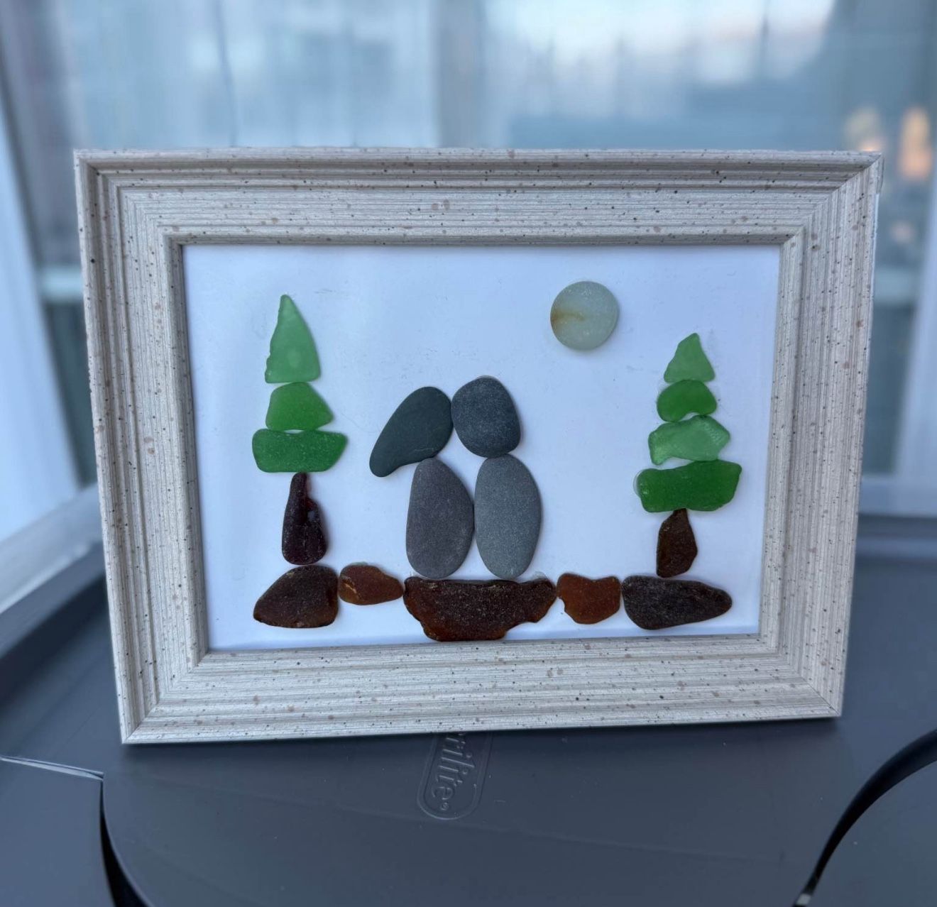 Seaglass art 5x7 “Love in the woods”
