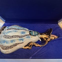 Vintage 1970 James B. Beam Decanter Bottle Gold Blue Floral 155 Months Whiskey