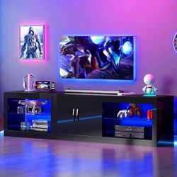 ChVans Large LED TV Stand for 75/85" TV with Power Outlets, Living Room Entertainment Center with Storage Drawers&Cabinets Furniture, Black High Gloss