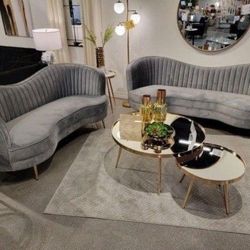 Light Grey Velvet Golden Legs Sofa/ Loveseat 