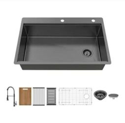 Glacier Bay 33 in. Drop-In Single Bowl 18-Gauge Gunmetal Stainless Steel Workstation Kitchen Sink with Accessories and Faucet