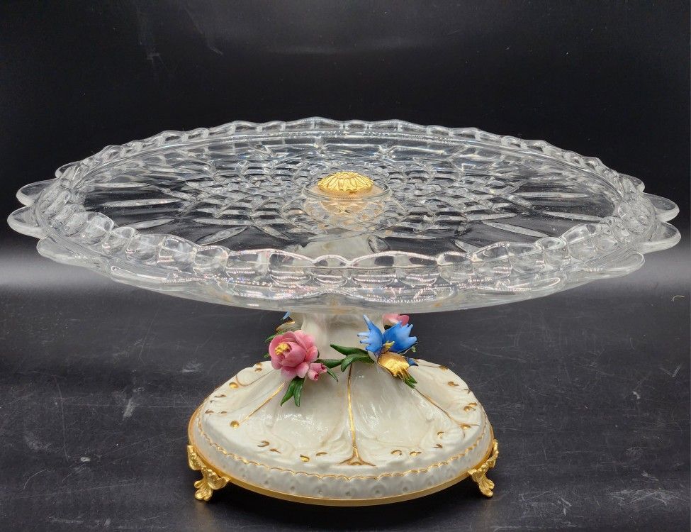 Capodimonte Italian Ivory Porcelain & Crystal Centerpiece Cake Dessert Pastry Pedestal Tray