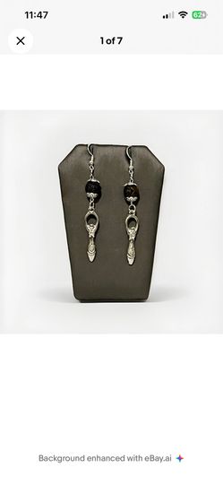 Spiral Goddess Earrings Silver Dangle Black Rose Bead Wicca Pagan Gothic Goth