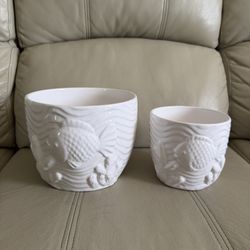 Set of 2 White Ceramic Planters Fish Ocean Theme