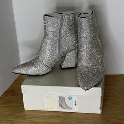 Silver Rhinestone Ankle Boots Wide Heel New In Box Size 8
