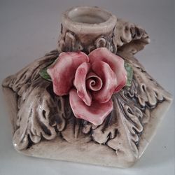 Ceramic Candle Holder With Rose Design, Made In Italy