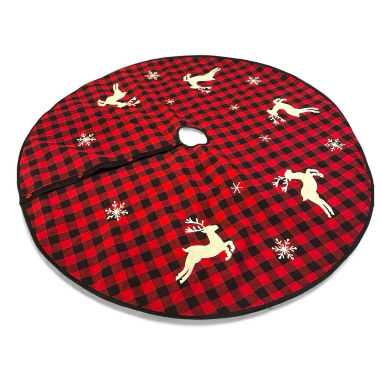 HOBBY LOBBY 52” Red & Black Buffalo Plaid Christmas Tree Skirt w/Embroidery