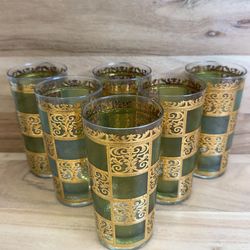 Set of 6 Vintage Mid-Century Culver Prado Gold & Green High-ball Glasses 5.5”