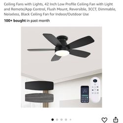 Ceiling Fans with Lights, 42 Inch Low Profile Ceiling Fan with Light and Remote/App Control, Flush Mount, Reversible, 3CCT, Dimmable, Noiseless, Black