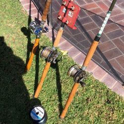 THREE (3) Older Saltwater Fishing   Rods & Reels plus a Spool of #30 lb line