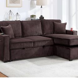 Dark Chocolate Sectional Sofa Pull-out Bed & Storage 