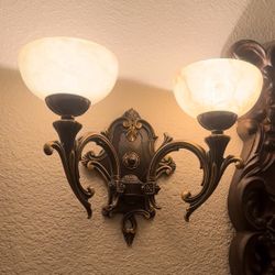 1 or 2 High-End Bronze Tuscan Style Double-Armed Sconces With Alabaster Globes
