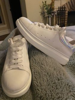 Alexander McQueen mens oversized sneakers in white leather with a prismatic silver heel sz 12