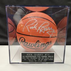 Warriors Rick Barry Signed, PSA-Certified Basketball In Display Case 