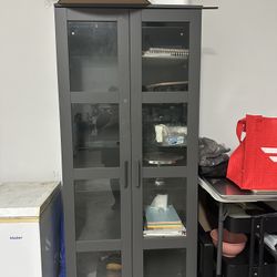 Tall Gray Glass Door Cabinet / Storage Unit