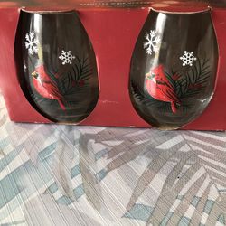 St. Nicholas Square Stemless Wine Glasses With Cardinals - Set Of 2, NEW