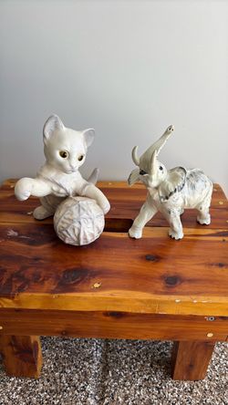 Ceramic Cat and Elephant Figurine Set