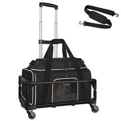 Petskd Top-Expandable Small Pet Carrier with Wheels (17" L x 11" W x 9.5" H), Alaska Airlines Approved, Rolling Pet Carrier for Small Dogs & Cats (Bla