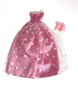 Custom Made Pink with White Daisies Print Strapless Gown and Pink High Heels