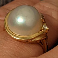 14K PEARL RING WITH DIAMOND PAVE NATURAL PEARL RING SZ 7