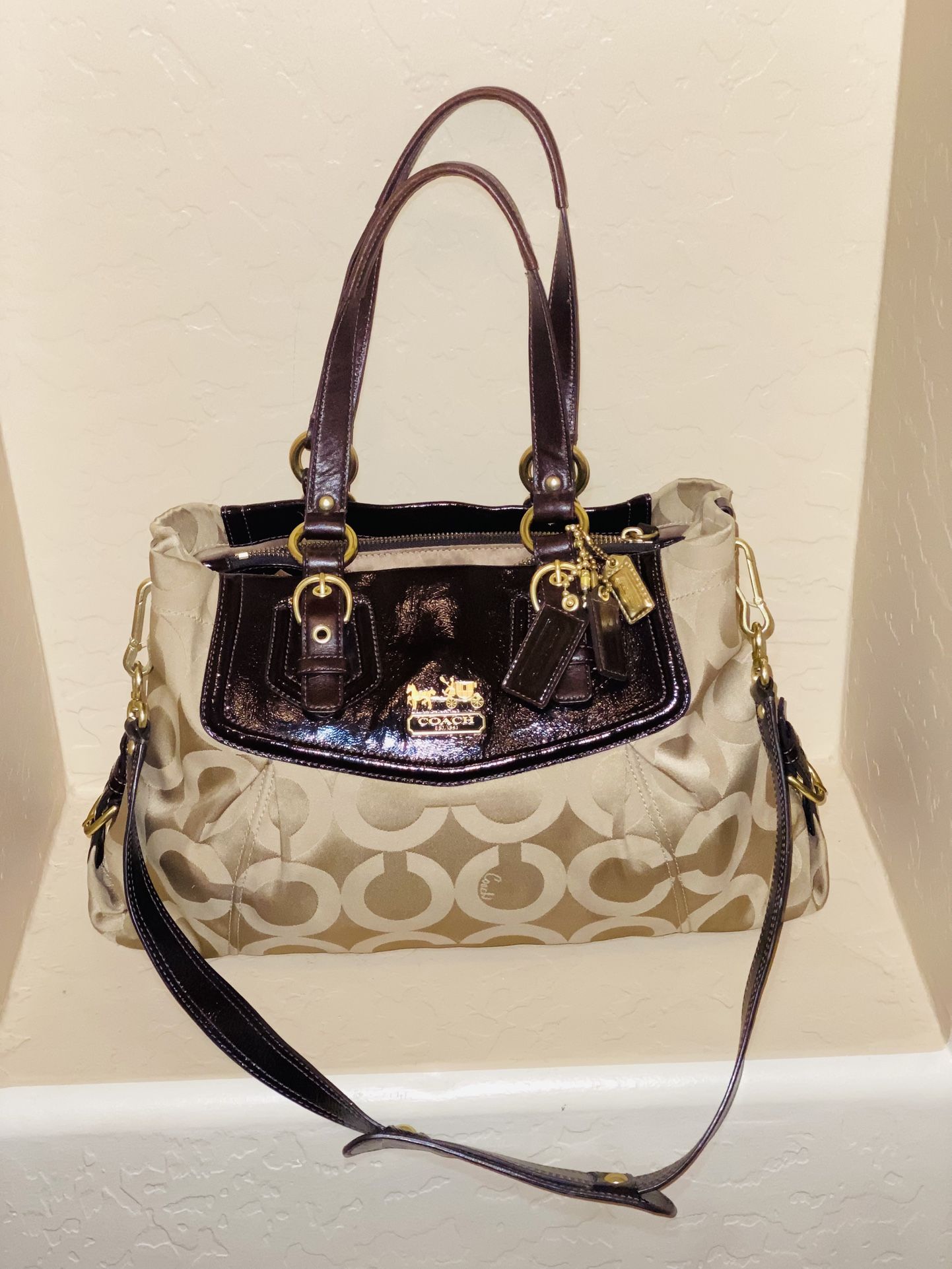 Coach Signature Madison Sateen Satchel Bag Khaki Brown No K0(contact info removed)8 Handbag Leather Purse