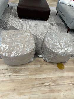 Set of 2 Silver Metallic Floor Poufs