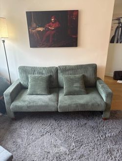 Sage Green Corduroy Couch with Pillows