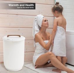 New SAMEAT Heated Towel Warmers for Bathroom - Large Towel Warmer Bucket, Wood Handle, Auto Shut Off, Fits Up to Two 40"X70" Oversized Towels, White