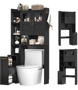 Over The Toilet Storage Cabinet with Pulley & Acrylic Doors, Black