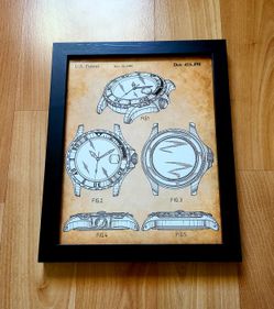 Dive Watch Patent Art Drawing Design U.S. Patent on Antique Vintage Background Framed