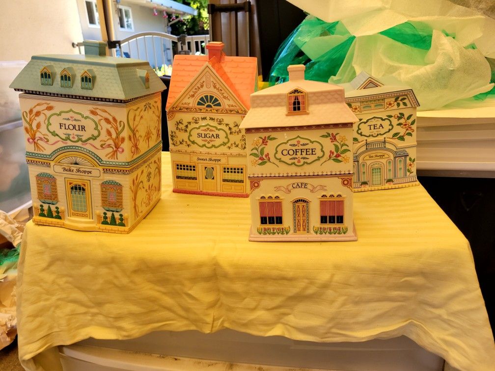 Vintage 1990 Lenox Village 4 Canister Set Flour Sugar Coffee Tea with Lids