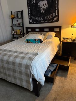 Dark Wood Queen Bed Frame with Storage Drawers
