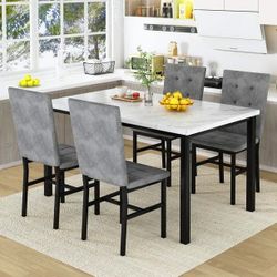 Marble Dining Table Set for 4, Rectangular Faux Marble Kitchen Table and Chairs Set, Dining Table with 4 Tufted Velvet Upholstered Dining Chairs, Dini
