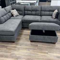 Gray Velvet Sectional Sofa Couch With Storage Ottoman 